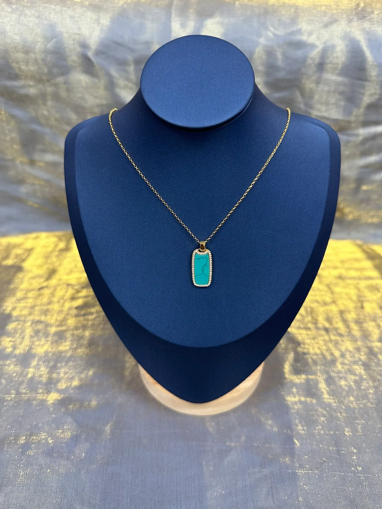 Gold-Tone Rectangular Turquoise Pavé Pendant Necklace 3
