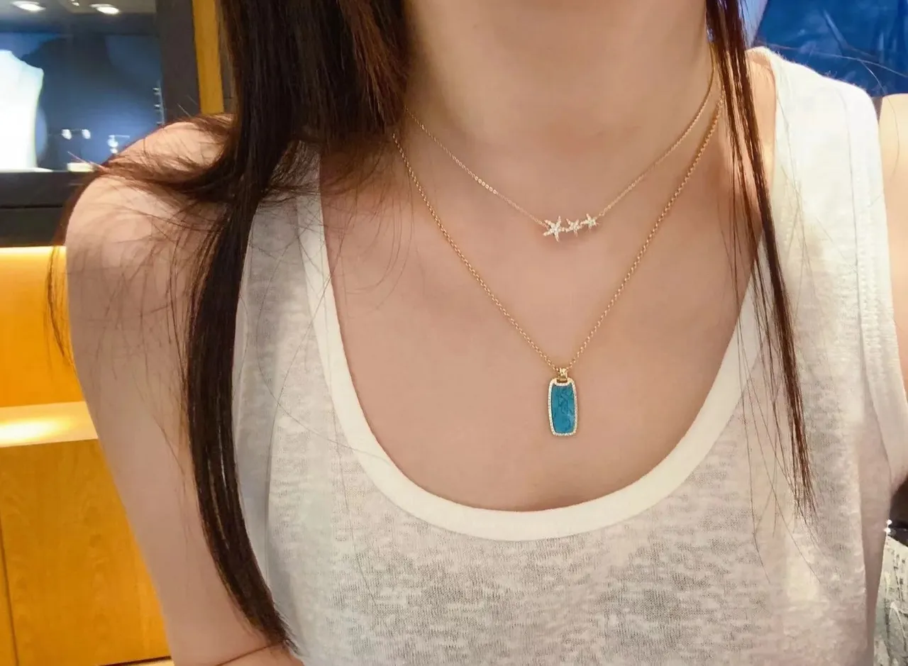 Gold-Tone Rectangular Turquoise Pavé Pendant Necklace 4