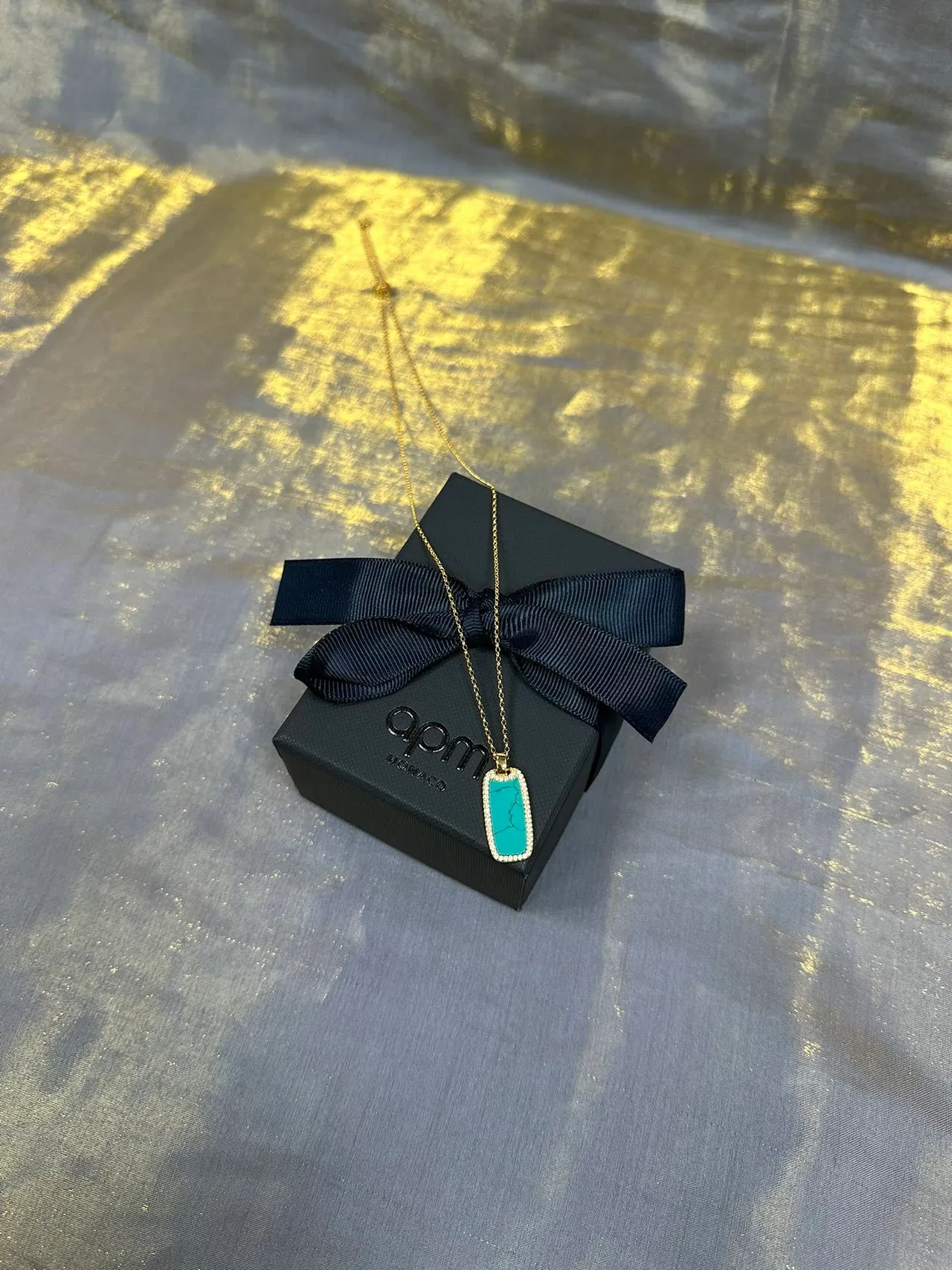 Gold-Tone Rectangular Turquoise Pavé Pendant Necklace 6