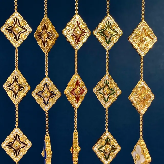 Gold-Tone Red Enamel Floral Pavé Square Motif Chain Bracelet 4