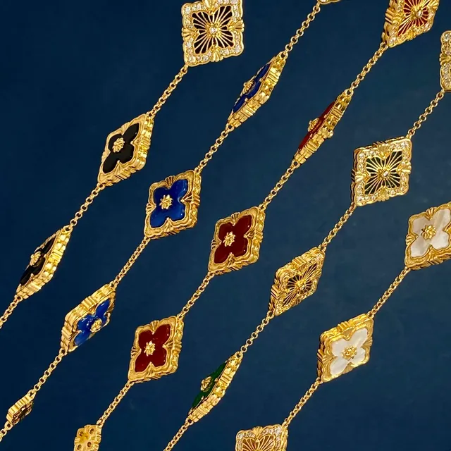 Gold-Tone Red Enamel Floral Pavé Square Motif Chain Bracelet 5