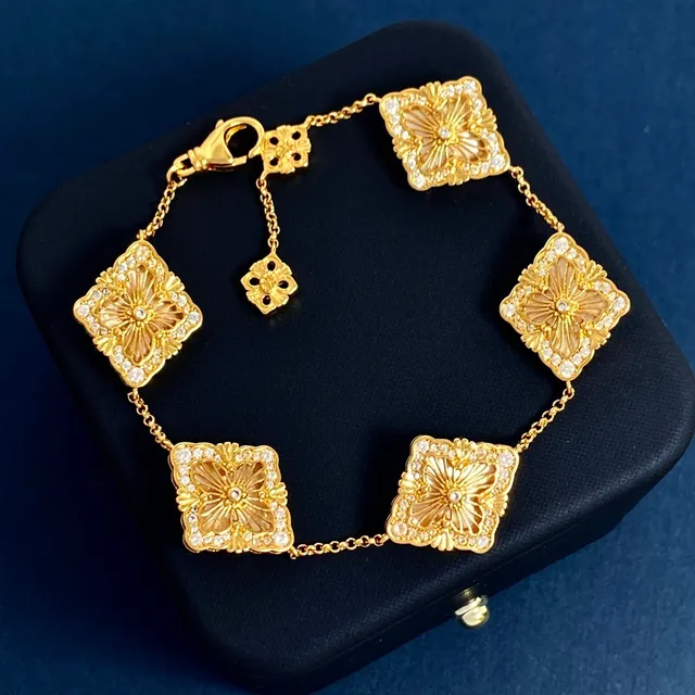Gold-Tone Red Enamel Floral Pavé Square Motif Chain Bracelet 6