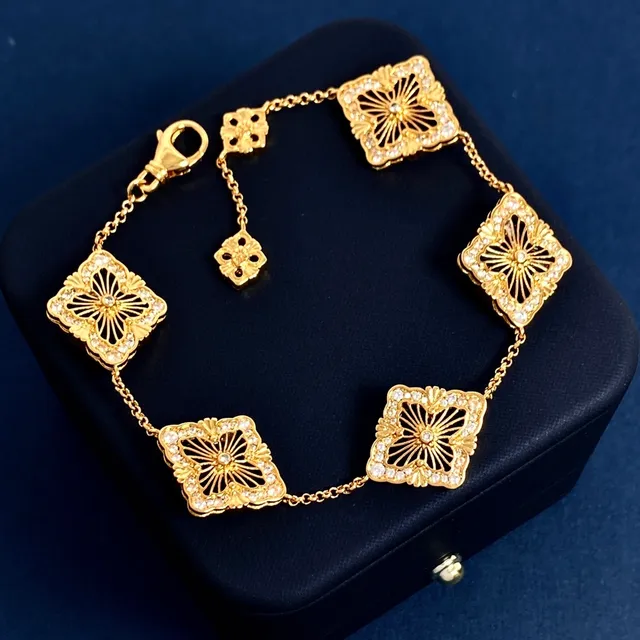 Gold-Tone Red Enamel Floral Pavé Square Motif Chain Bracelet 7