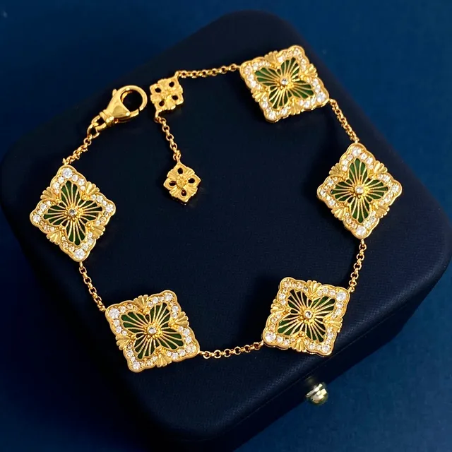 Gold-Tone Red Enamel Floral Pavé Square Motif Chain Bracelet 8