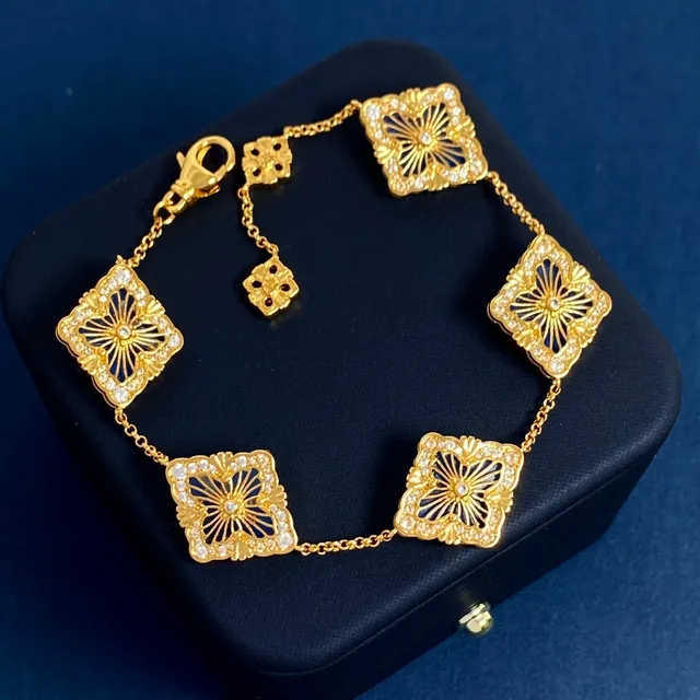 Gold-Tone Red Enamel Floral Pavé Square Motif Chain Bracelet 9