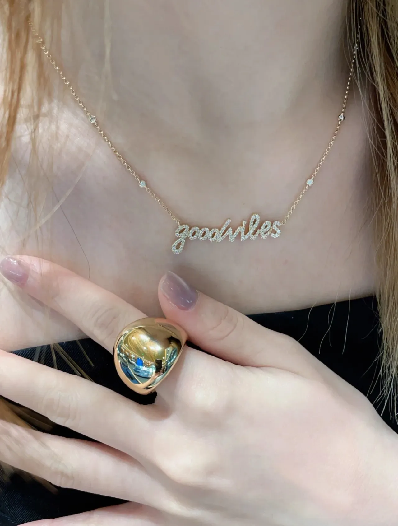 Gold-Tone Script 'Goodvibes' Pavé Stone Necklace 2