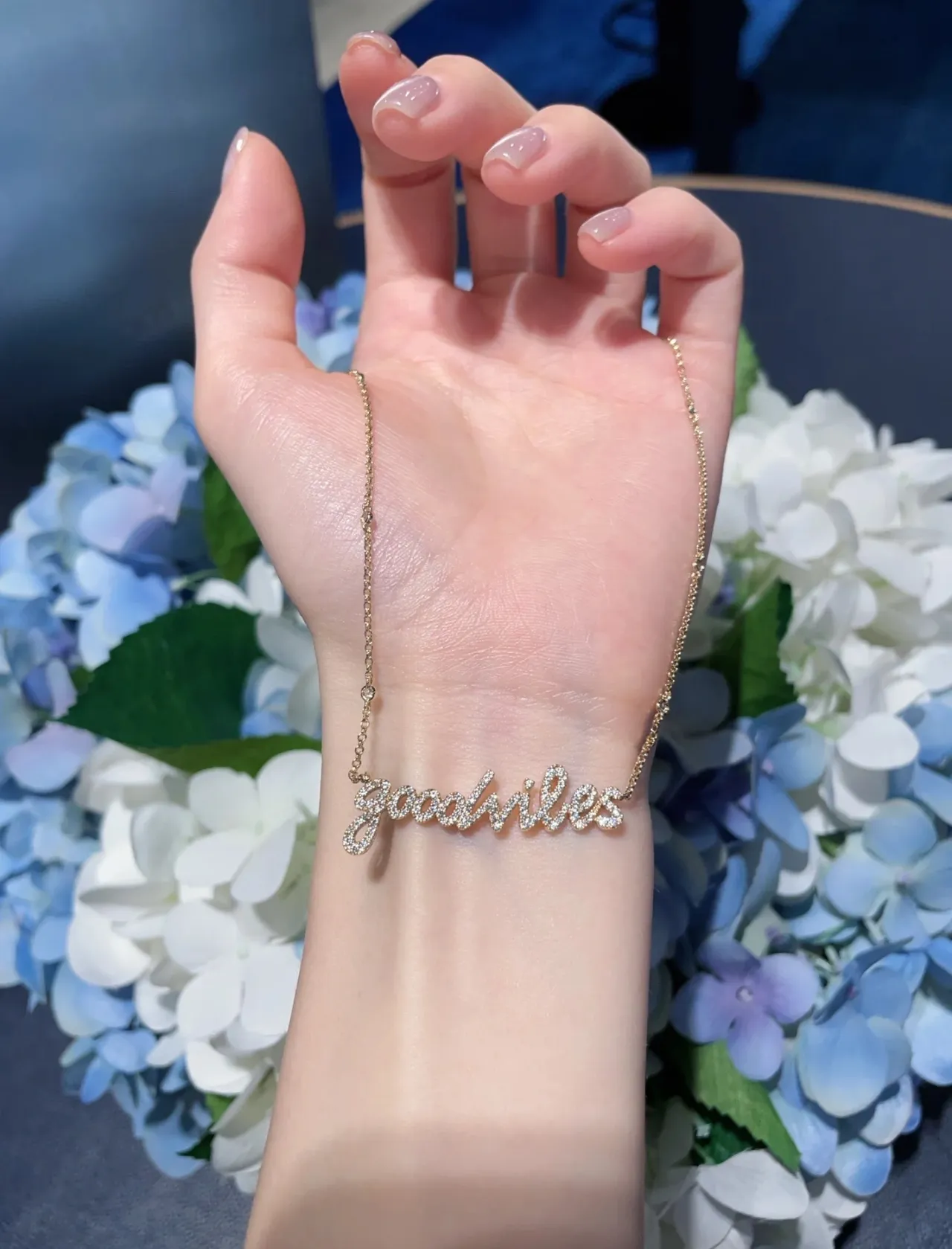 Gold-Tone Script 'Goodvibes' Pavé Stone Necklace 4