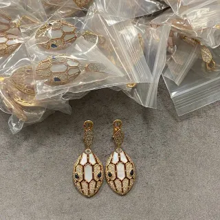 Gold-Tone Snake-Scale Motif Mother-of-Pearl and Crystal Drop Earrings