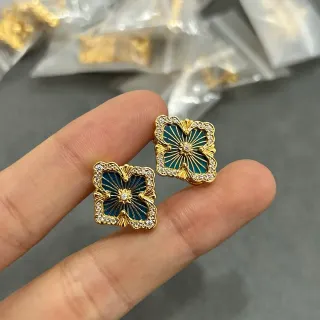 Gold-Tone Teal Enamel Floral Quatrefoil Crystal Stud Earrings