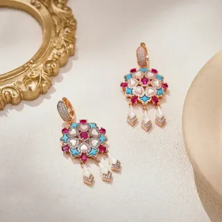 Gold-Tone Turquoise and Ruby Floral Medallion Tassel Earrings