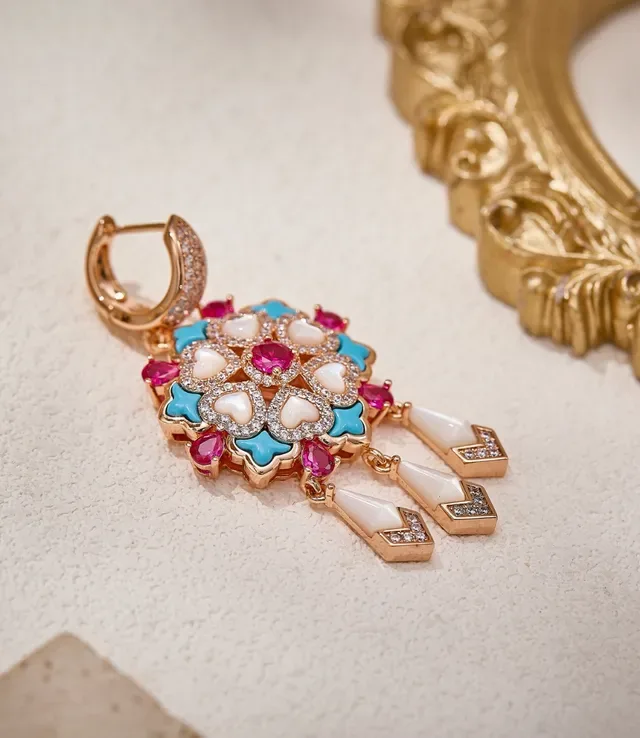 Gold-Tone Turquoise and Ruby Floral Medallion Tassel Earrings 2