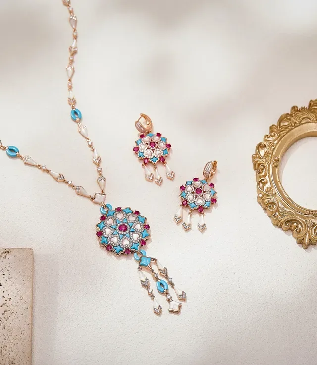 Gold-Tone Turquoise and Ruby Floral Medallion Tassel Earrings 3