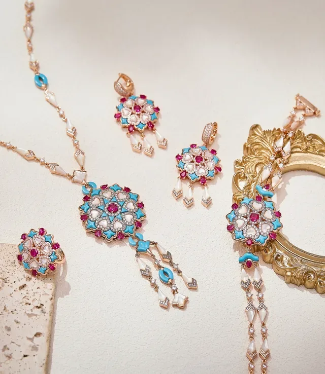 Gold-Tone Turquoise and Ruby Floral Medallion Tassel Earrings 4