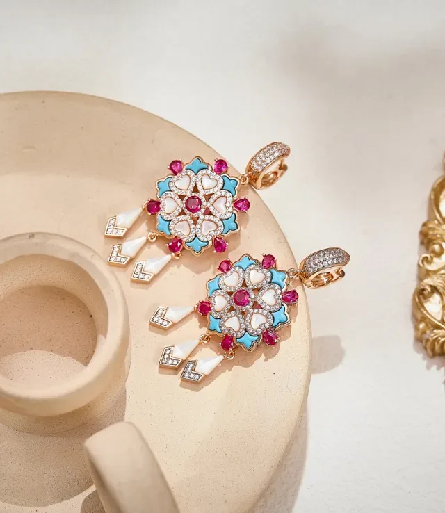 Gold-Tone Turquoise and Ruby Floral Medallion Tassel Earrings 5