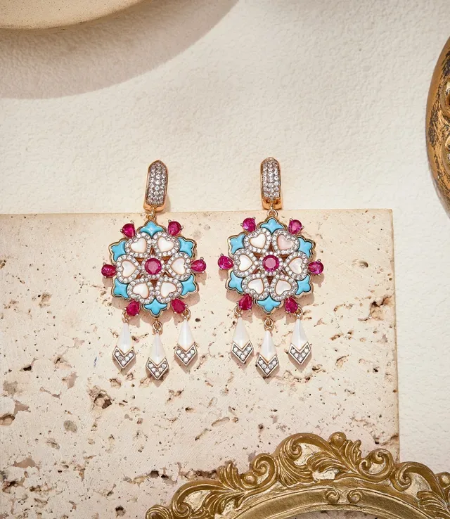 Gold-Tone Turquoise and Ruby Floral Medallion Tassel Earrings 6
