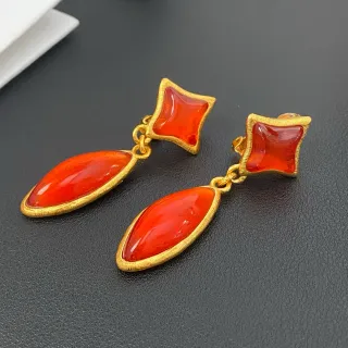 Gold-Tone Two-Stone Red Drop Earrings