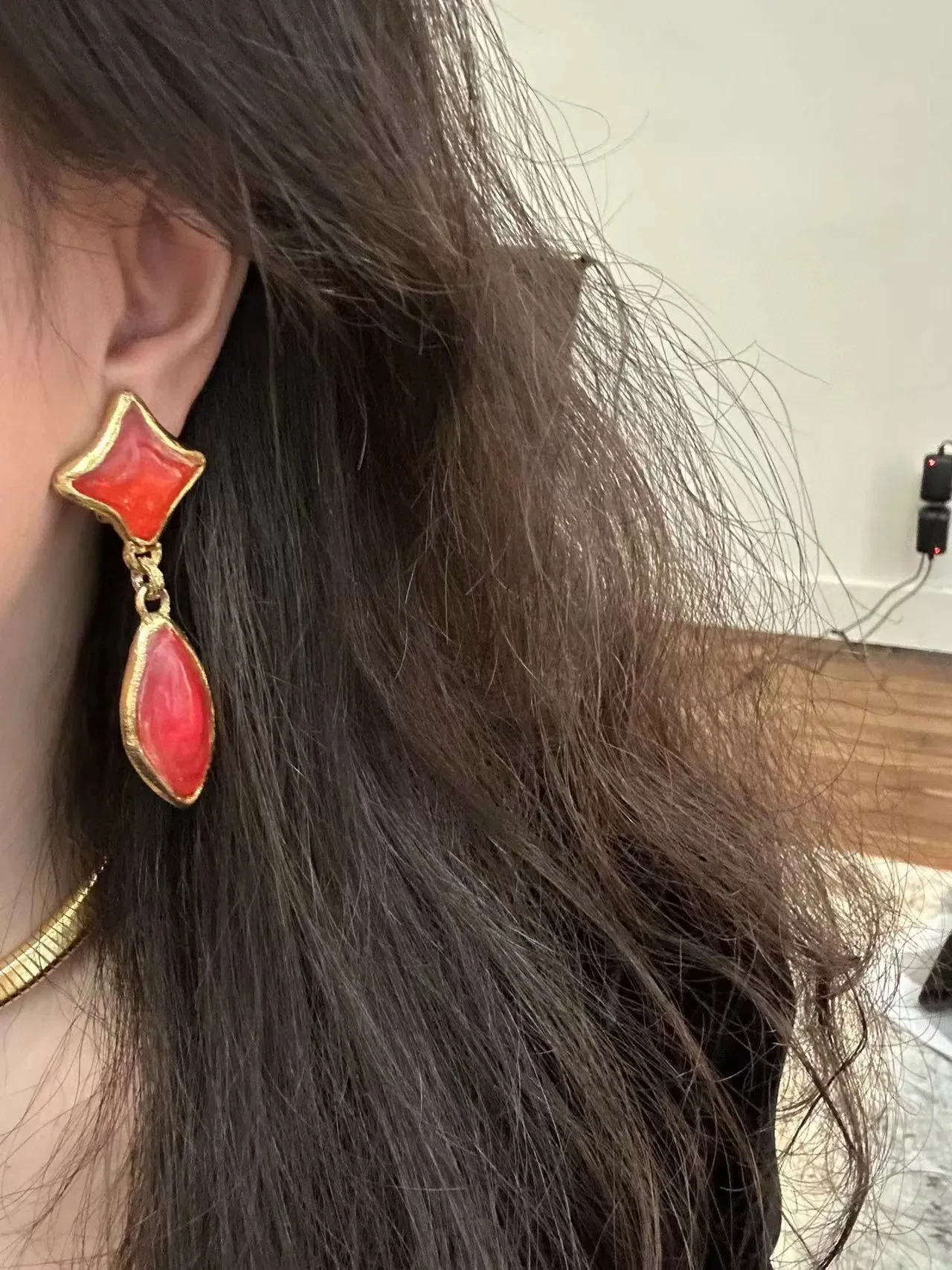Gold-Tone Two-Stone Red Drop Earrings 2