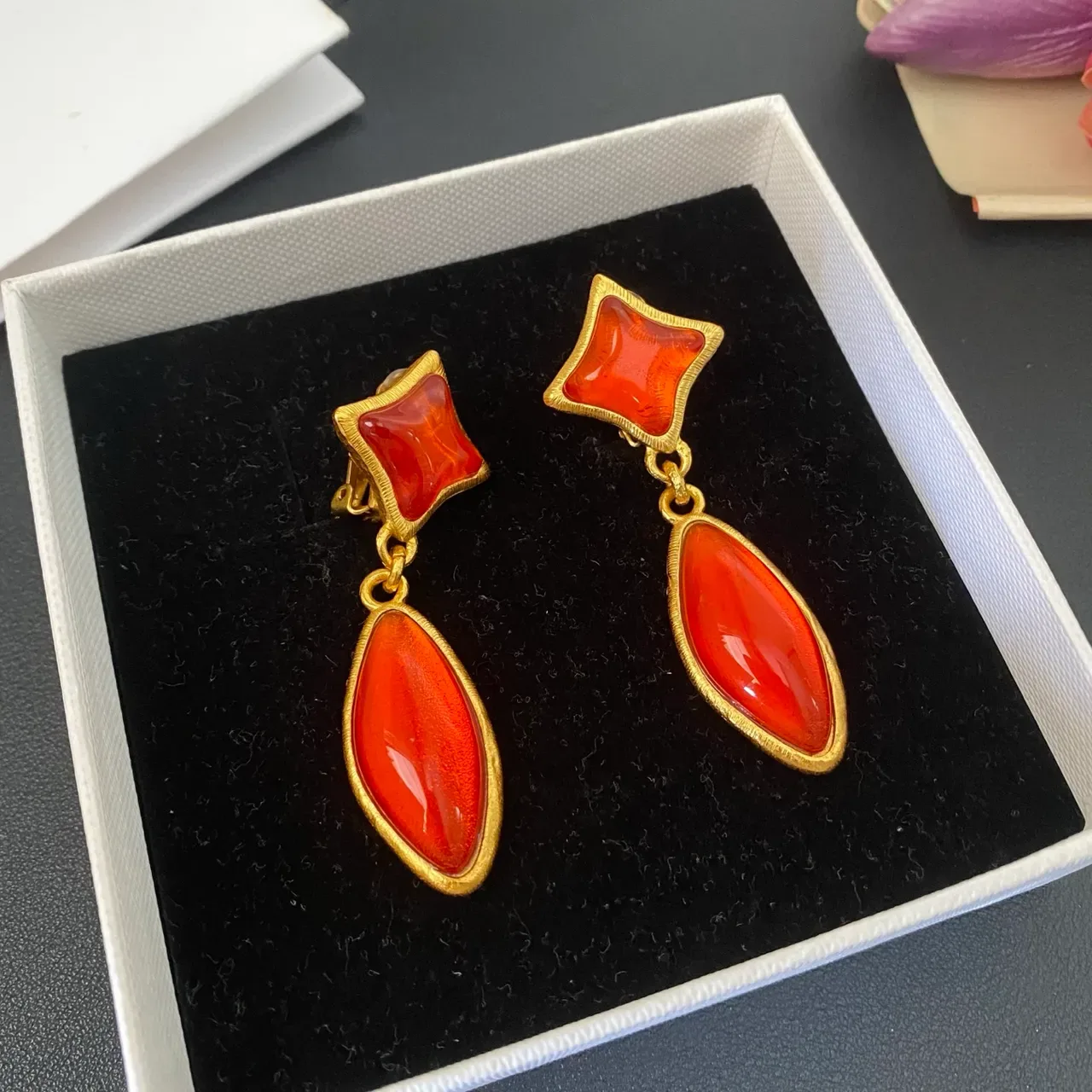 Gold-Tone Two-Stone Red Drop Earrings 4