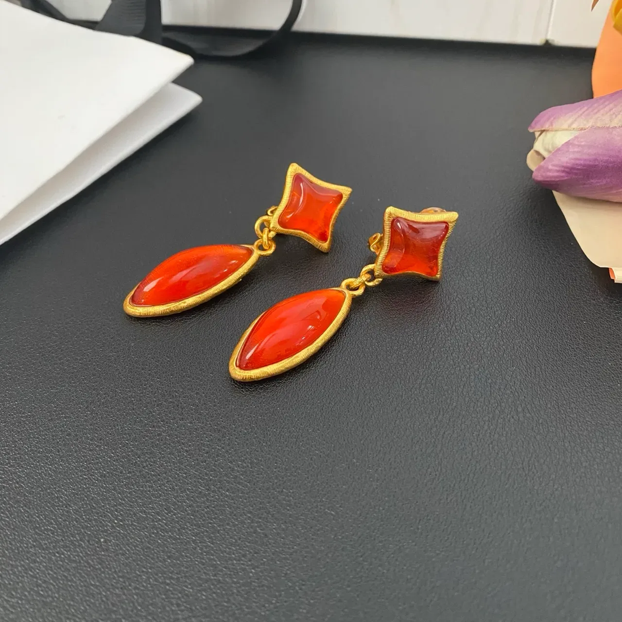 Gold-Tone Two-Stone Red Drop Earrings 8