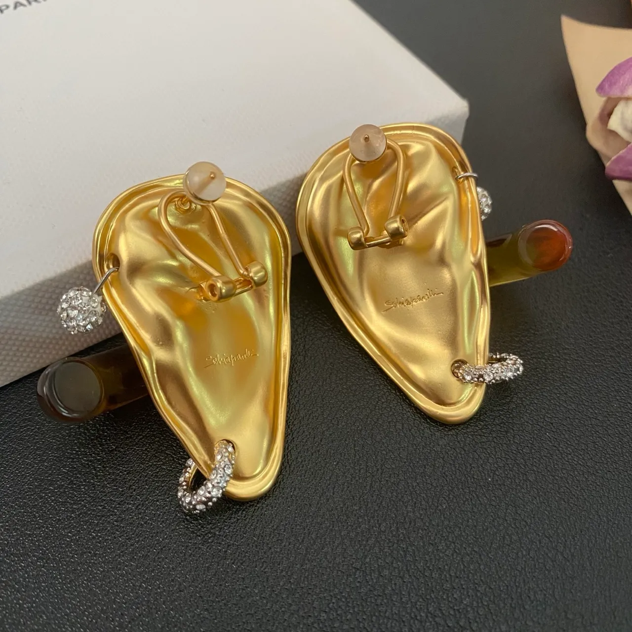 Gold Transparent Ear-Shaped Sculptural Metal Earrings 5