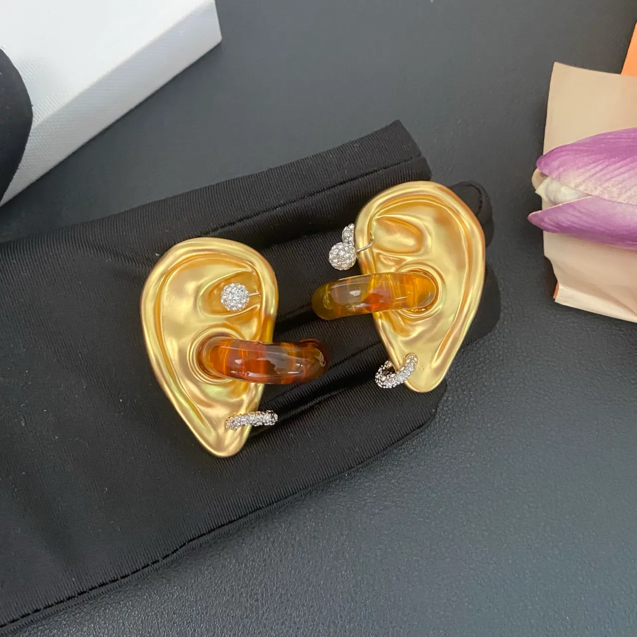 Gold Transparent Ear-Shaped Sculptural Metal Earrings 6