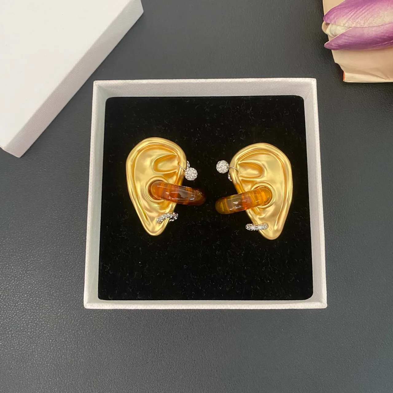 Gold Transparent Ear-Shaped Sculptural Metal Earrings 8