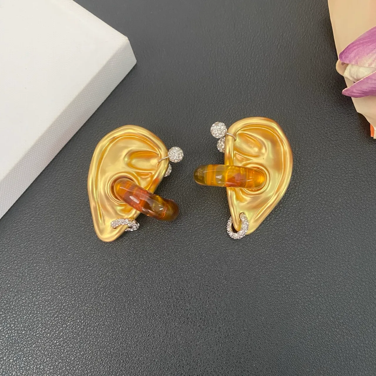 Gold Transparent Ear-Shaped Sculptural Metal Earrings 9