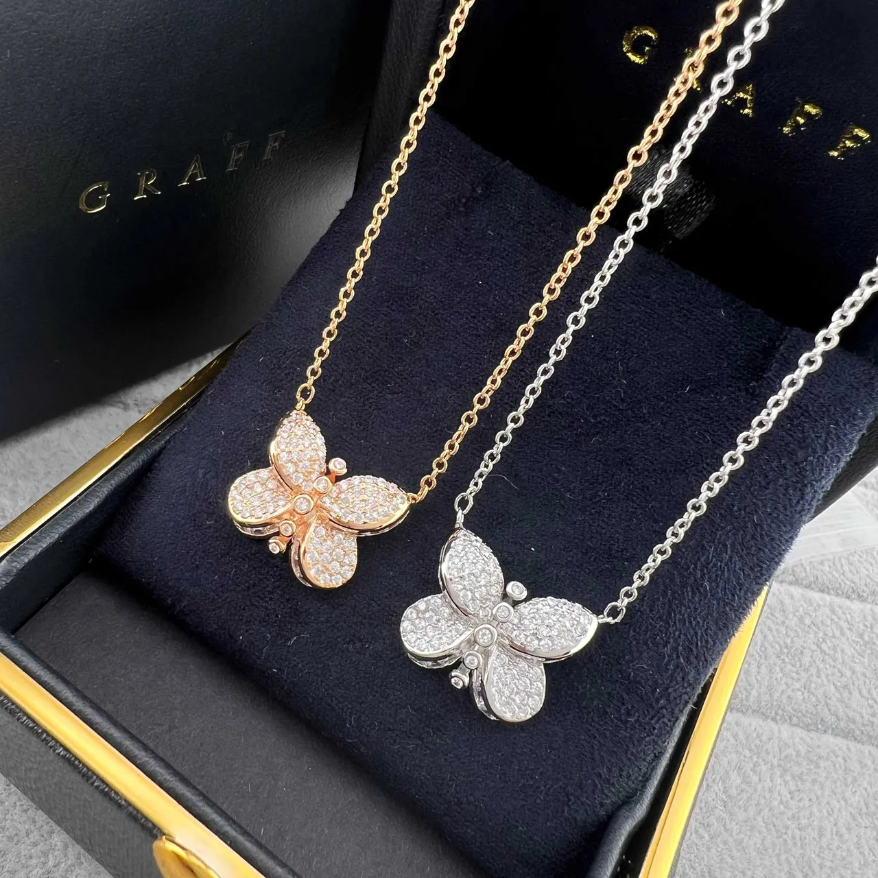 Graff Gold Silver Pavé-Set Butterfly Pendants Two-Tone Construction Necklace 7