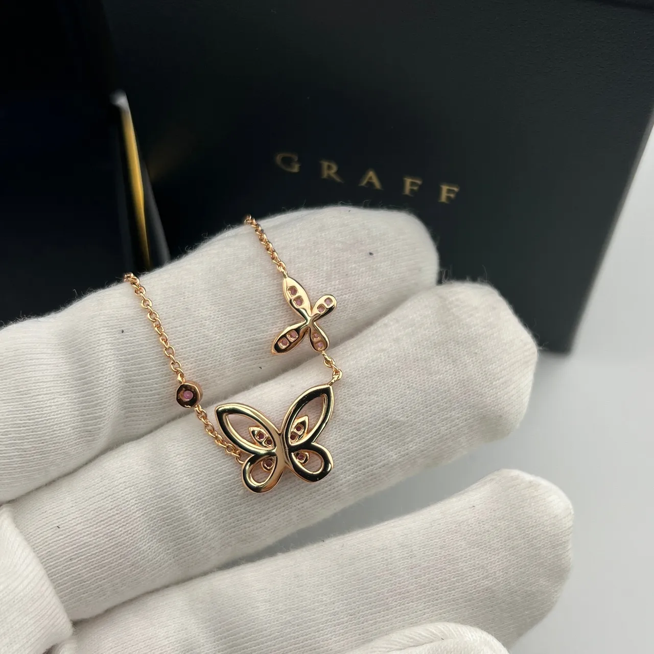 Graff Pink Gold Rose Chain Dual Butterfly Pendants Necklace 5