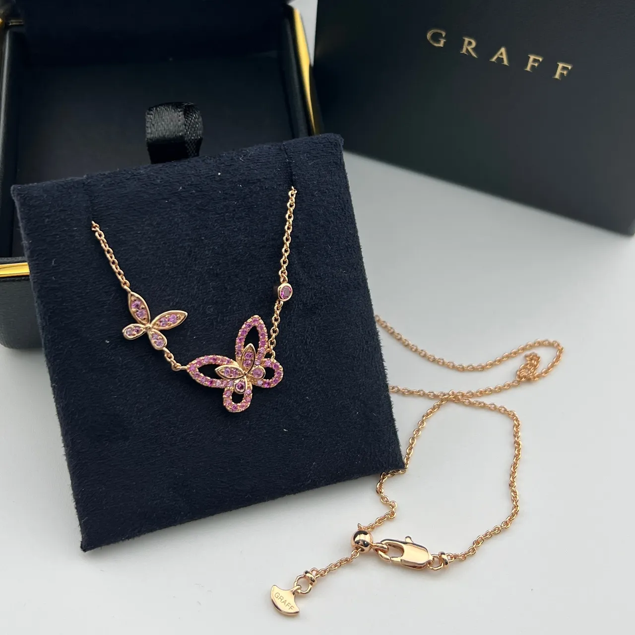 Graff Pink Gold Rose Chain Dual Butterfly Pendants Necklace 4
