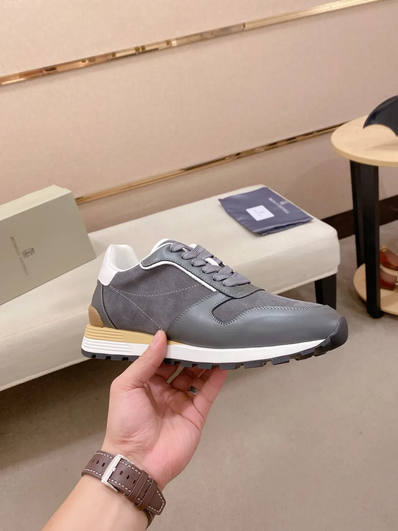 Gray and White Mixed-Material Low-Top Lifestyle Sneaker 4
