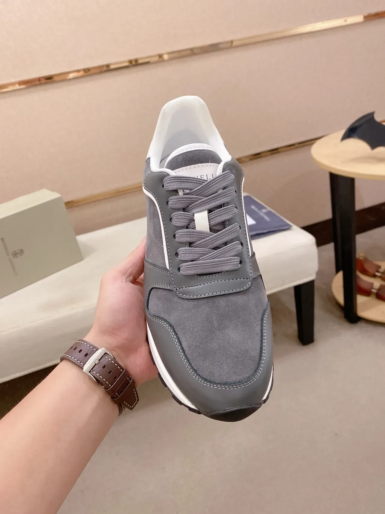 Gray and White Mixed-Material Low-Top Lifestyle Sneaker 5