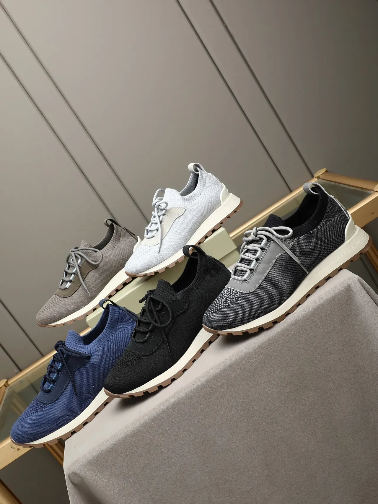 Gray Beige Knit Sock-Like Collar Textured Upper Sneakers 2