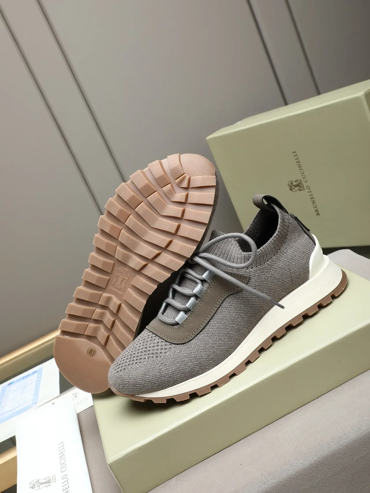 Gray Beige Knit Sock-Like Collar Textured Upper Sneakers 5