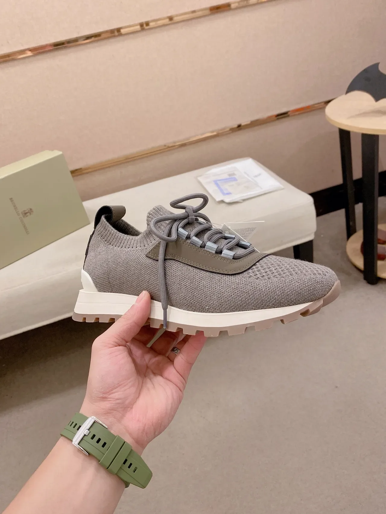 Gray Beige Knit Upper Sock-Fit Collar Sneakers 5