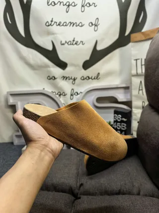 Gray Beige Suede Upper Cork Sole Slippers 5