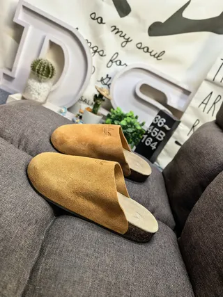 Gray Beige Suede Upper Cork Sole Slippers 7