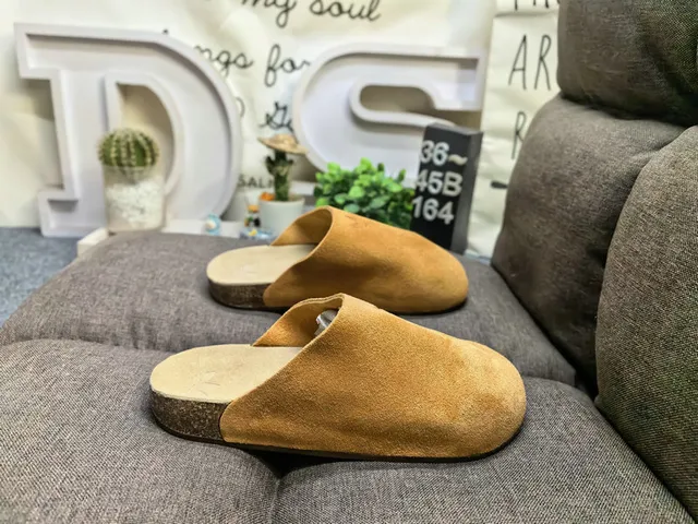 Gray Beige Suede Upper Cork Sole Slippers 11
