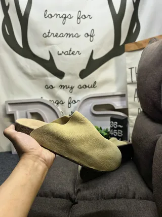 Gray Beige Suede Upper Cork Sole Slippers 15