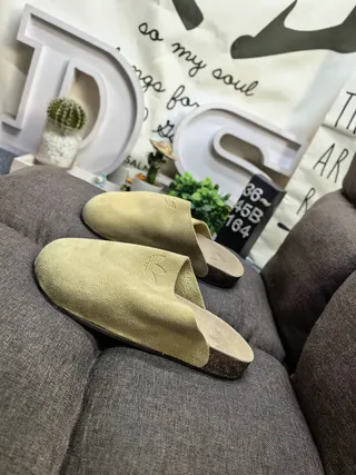 Gray Beige Suede Upper Cork Sole Slippers 17