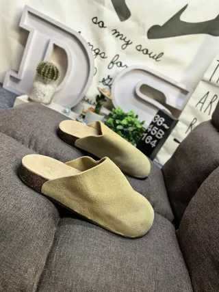 Gray Beige Suede Upper Cork Sole Slippers 19