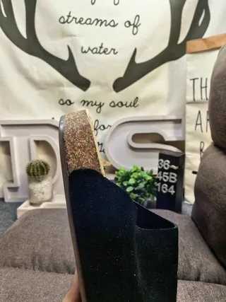 Gray Beige Suede Upper Cork Sole Slippers 23