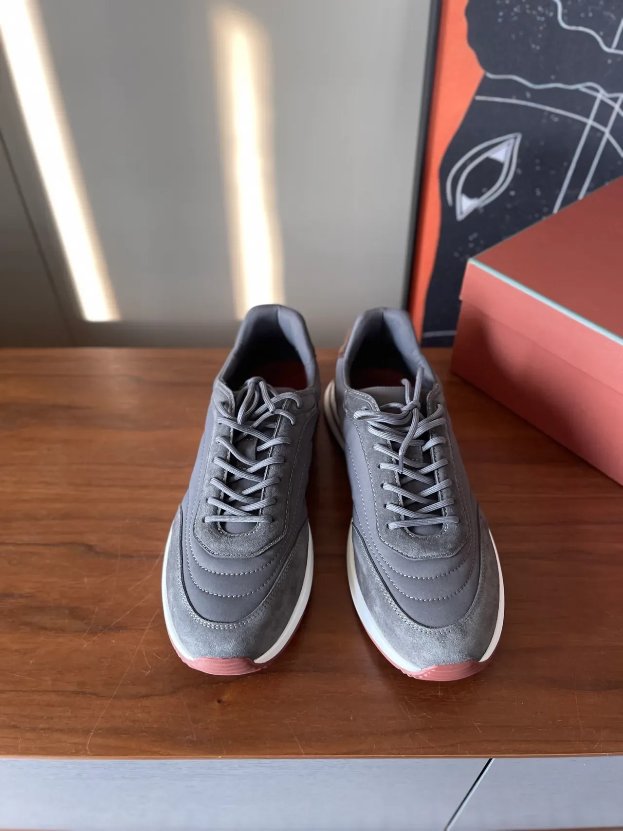 Gray Pink Suede Upper Sculpted White Midsole Sneakers 5