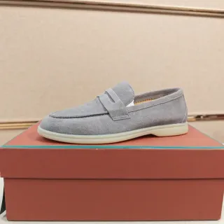 灰色麂皮一字带乐福鞋