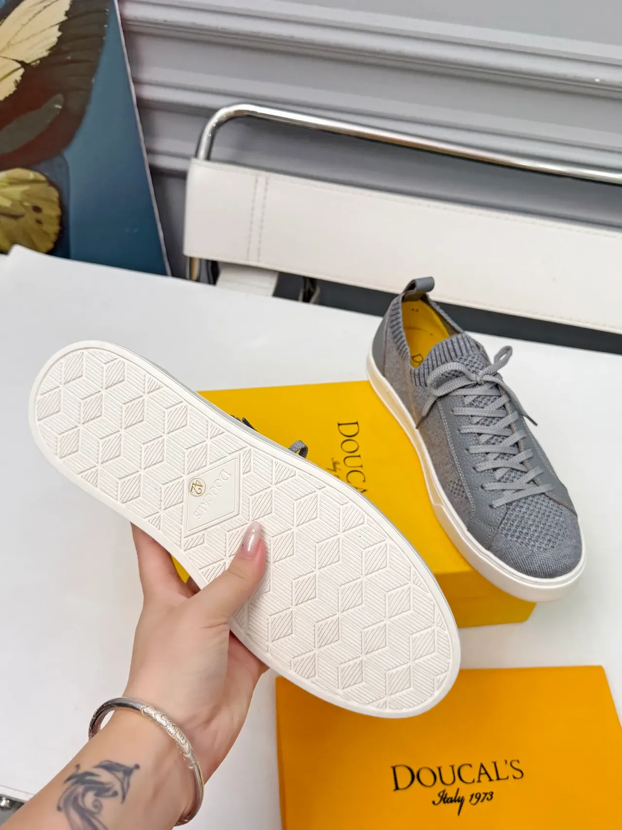 Gray Yellow Knit-and-Leather Hybrid Upper Ribbed Collar Sneakers 2