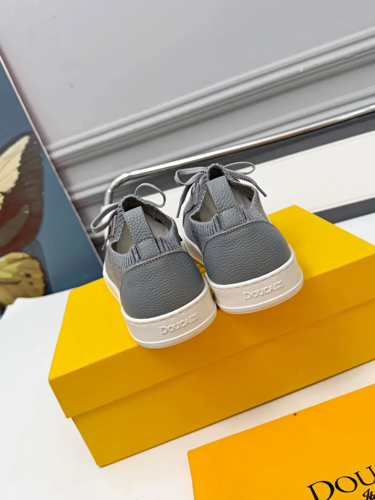 Gray Yellow Knit-and-Leather Hybrid Upper Ribbed Collar Sneakers 3