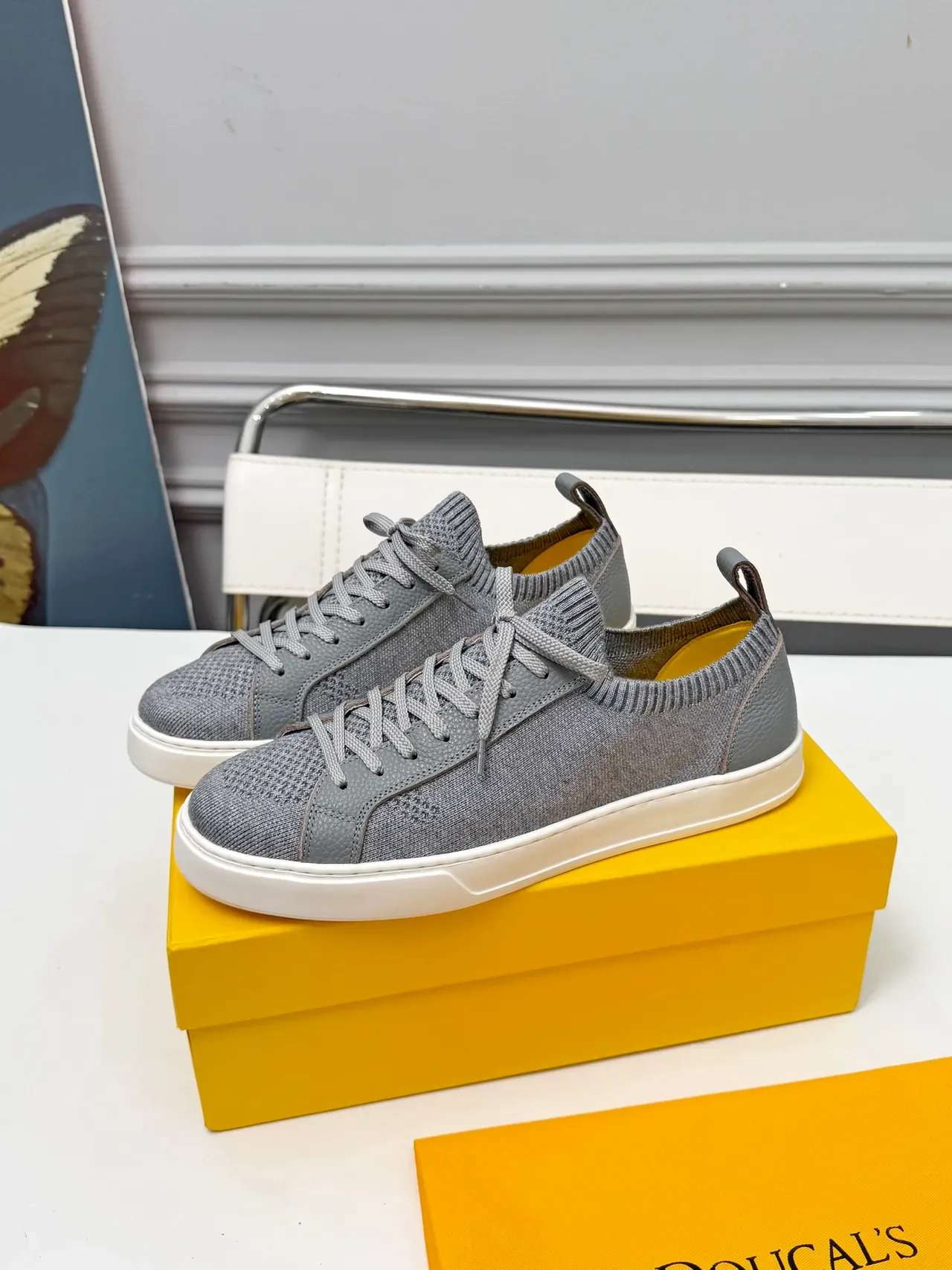 Gray Yellow Knit-and-Leather Hybrid Upper Ribbed Collar Sneakers 4