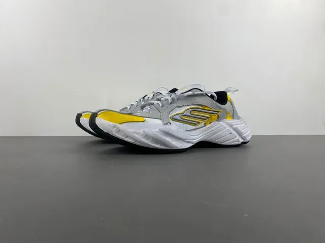 Gray Yellow Oversized Sculpted Midsole Layered Synthetic And Textile Upper Chunky Sneakers 11