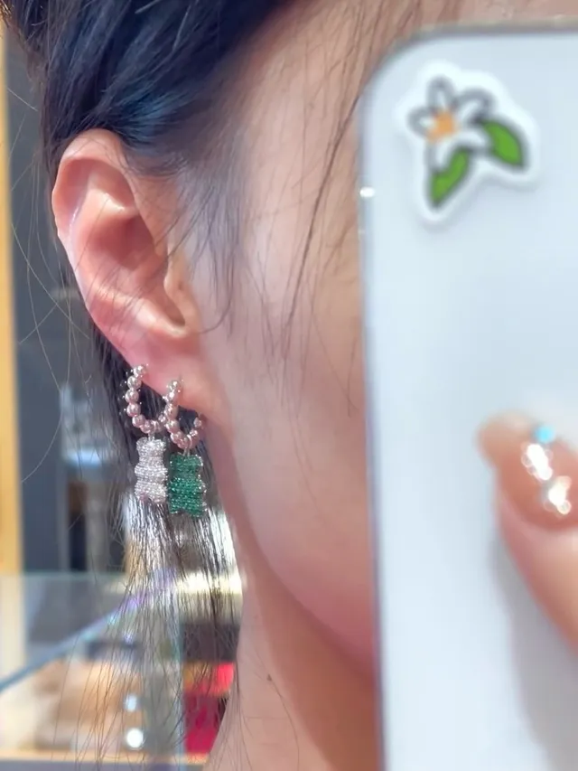 Green Crystal Gummy Bear Charm Earrings 4