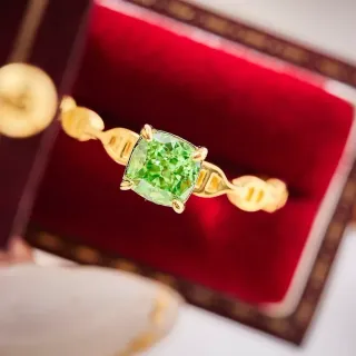 Green Cushion-Cut Gemstone Four-Prong Gold Ring